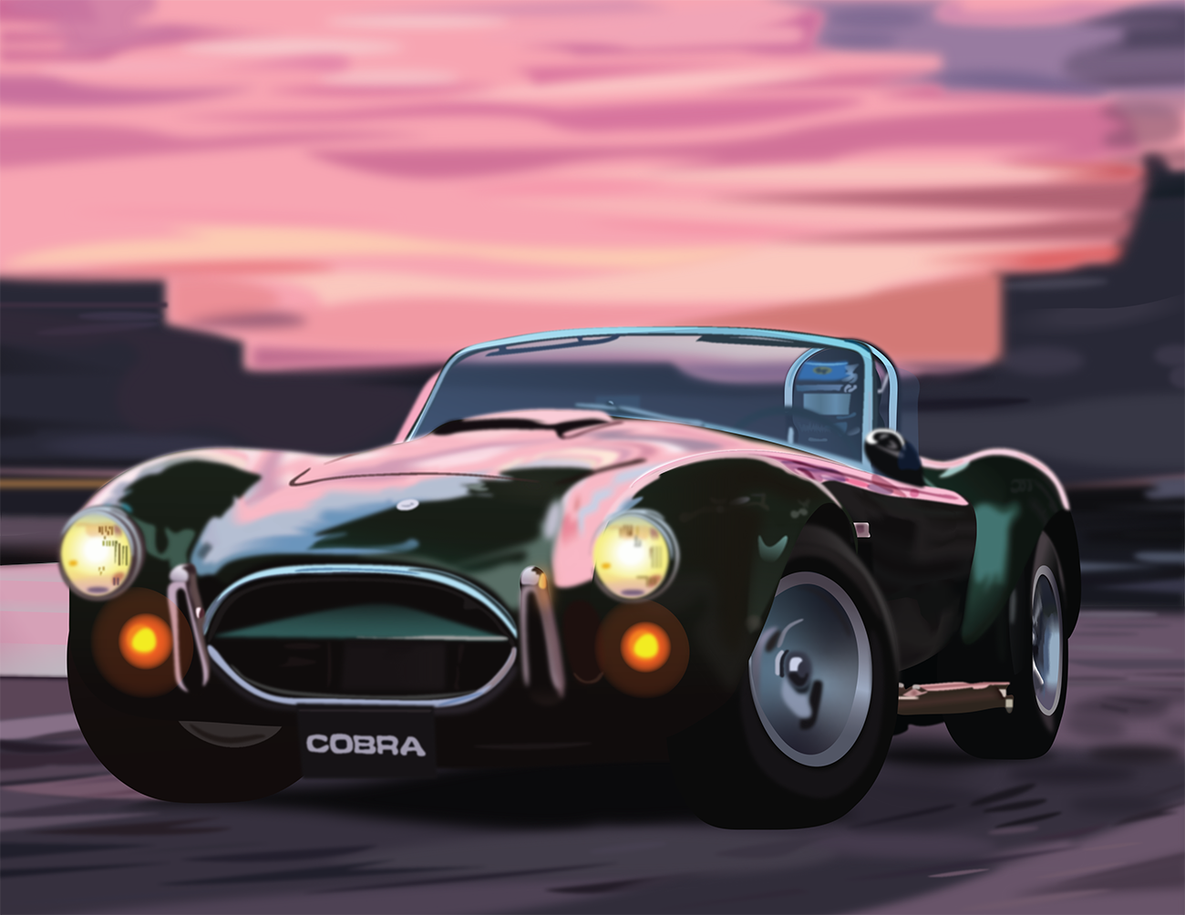 Digital illustration of a green car driving on the road with a pink horizon.