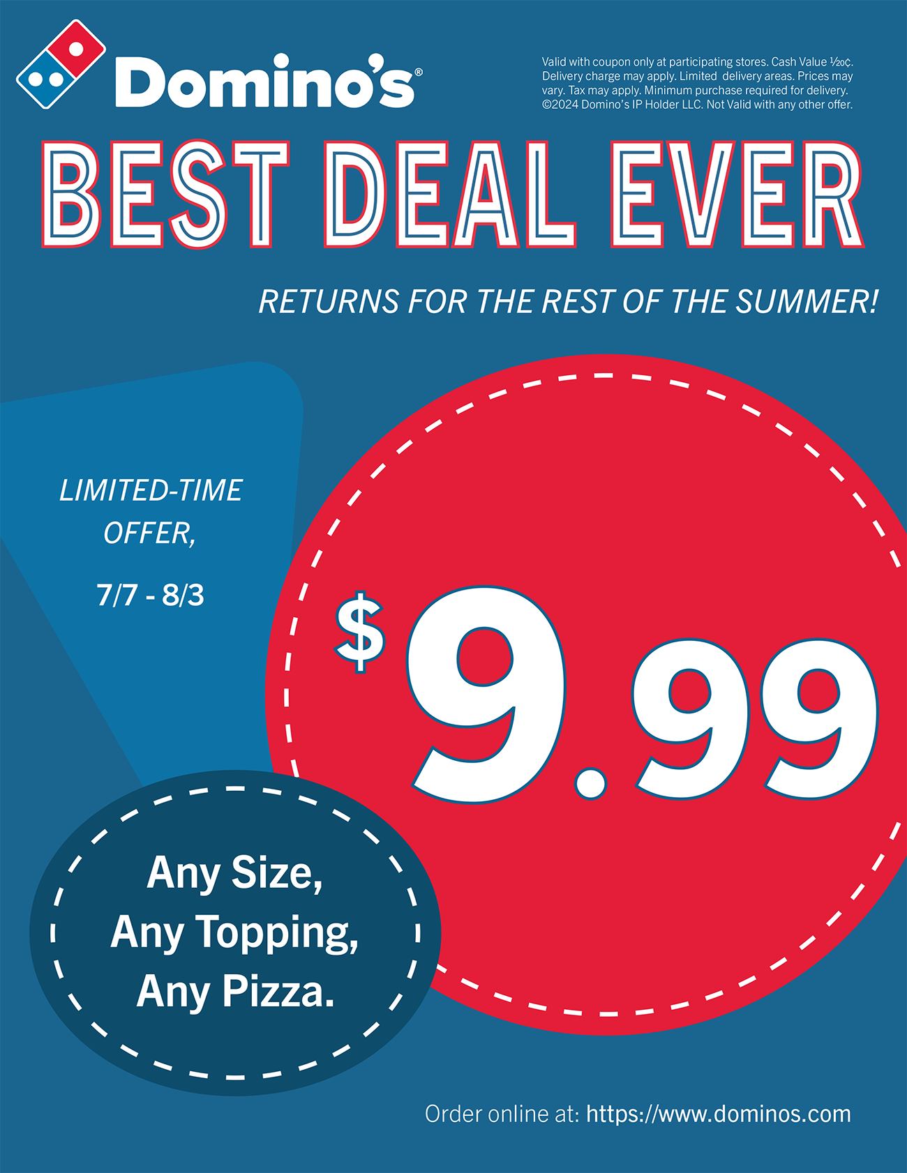 Dominos Best Deal Ever flyer that is blue and red with white typography.