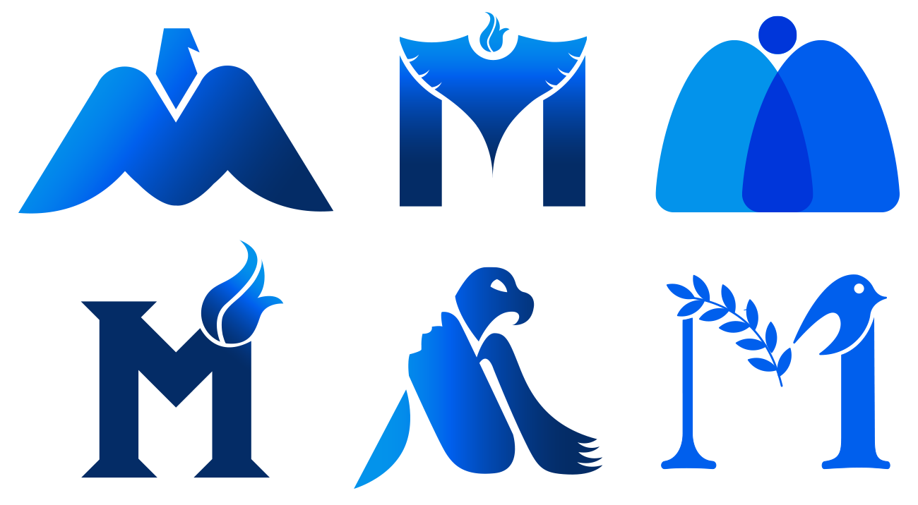 Digitalizations of logo sketches in blue colors.
