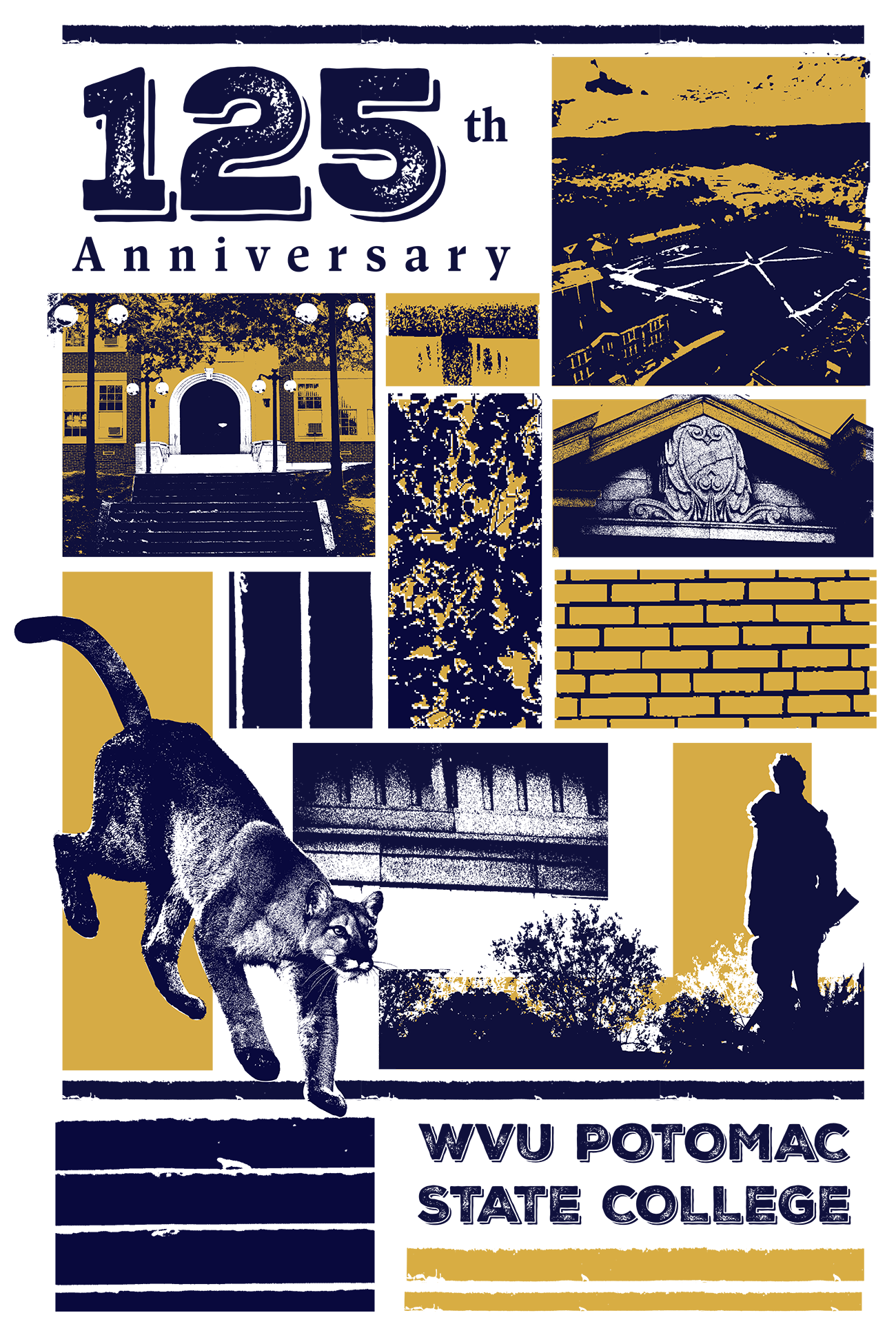 White poster with blue and gold imagery and typography in a letterpress, natural style.