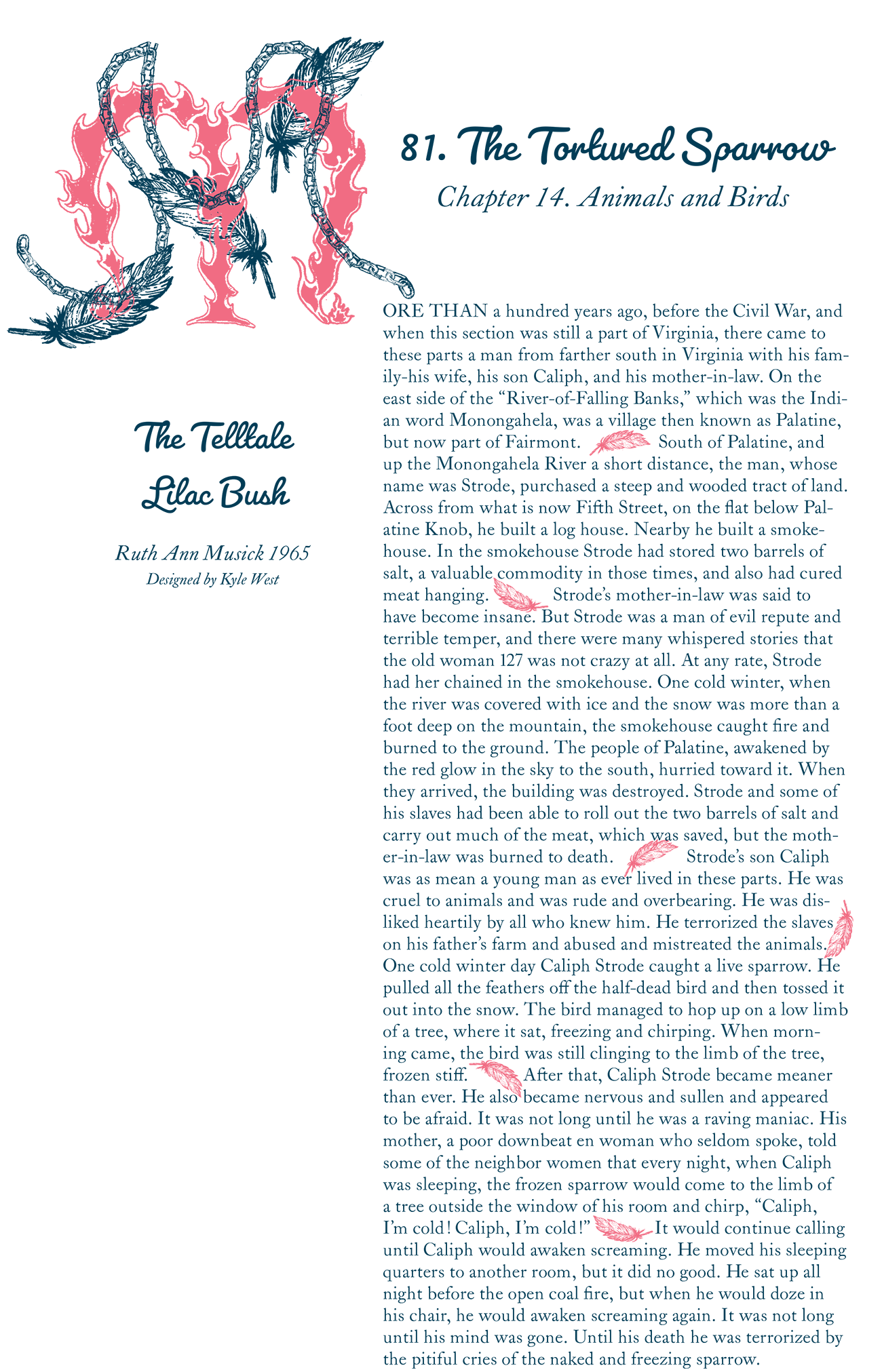 Story layout including a dropcap of a M, a full story, and pink and blue ink.